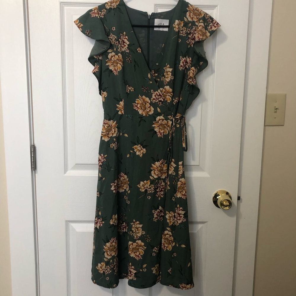 Sage green floral faux-wrap dress